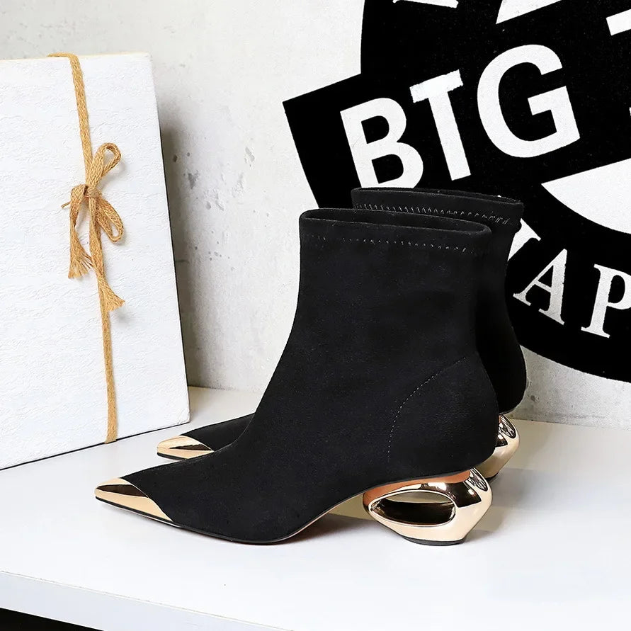 Street Style Fur Metal Hollow Heel Modern Faux Suede Short Boots for Women Metal Pointed Toe Low Heel Boots Female