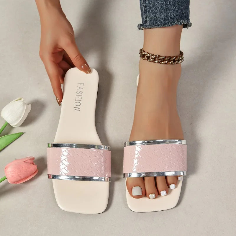 2024 Summer Women Slippers Fashion Flat Heels Open Toe Sandals Ladies Luxury Beach Square Toe Casual Slippers Women Slides Women Natalia Home Fashion Natalia Home Fashion