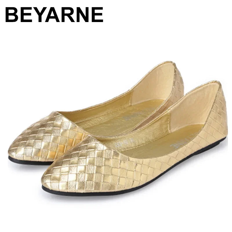 Ladies Ballet Flats Weaving Gold Silver Shoes Pointed Toe Breathable Slip-Ons Summer