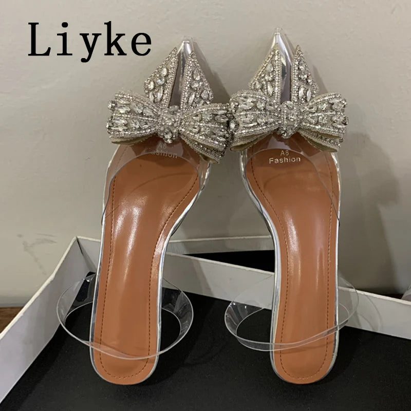 Fashion Design Crystal Bowknot Women Pumps Sexy Pointed Toe Clear High Heels Wedding Prom Shoes PVC Transparent Sandals