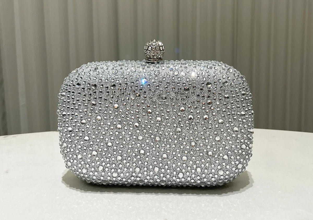 Women Rhinestone Purse Women's Round Box Shaped Evening Bags Elegant Formal Party Stylish Ladies Handbag Silver Clutch