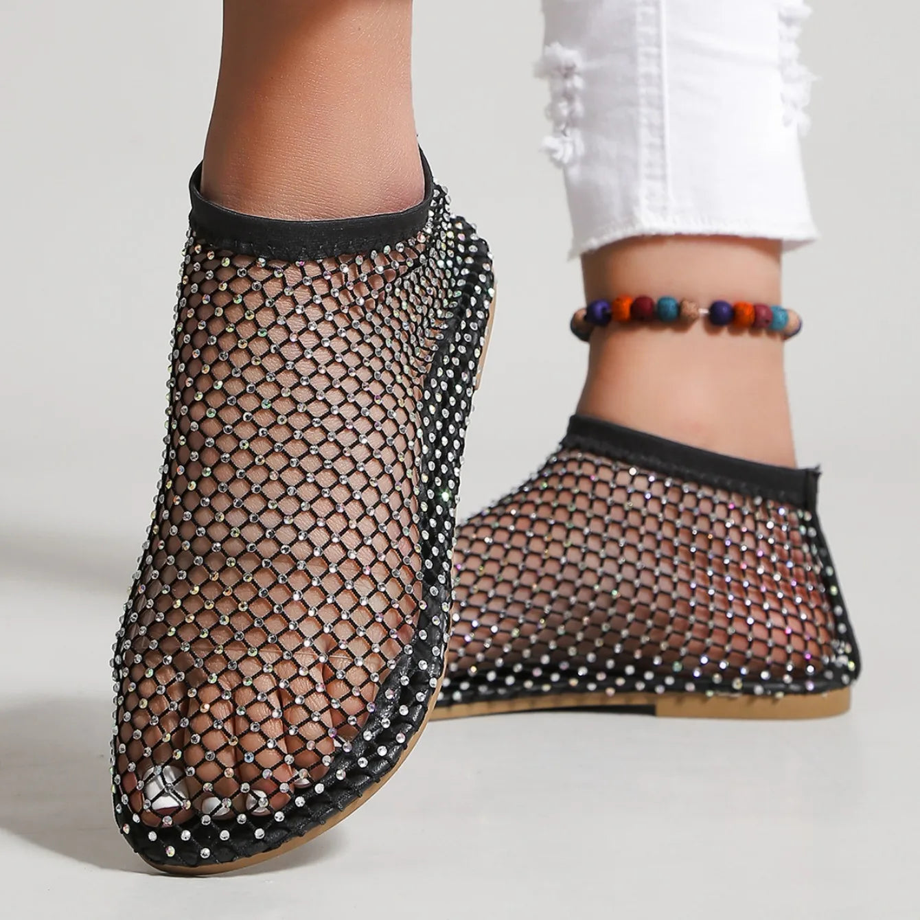 Women's Round Toe Flat Bottom Sandals Hollow Short Boots Water Diamond Sexy Flats Bottom Shoes Luxury Shoes Women