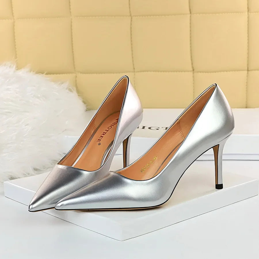 Women High Heels Scar pins Pumps Lady Glossy Leather Fetish Wedding Bridal Mid Low Heels Office Shoes