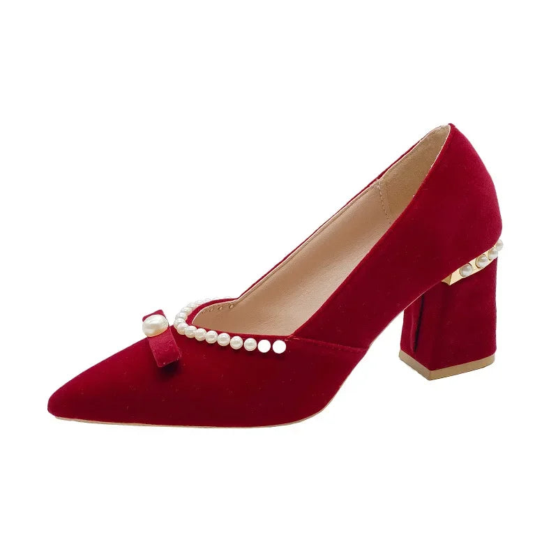 Women's Chunky Heel Pointed Toe Slip-On Shoes Wedding Dress Two-Way Wear Pearl Red Bridal Shoes Spring Autumn New Style