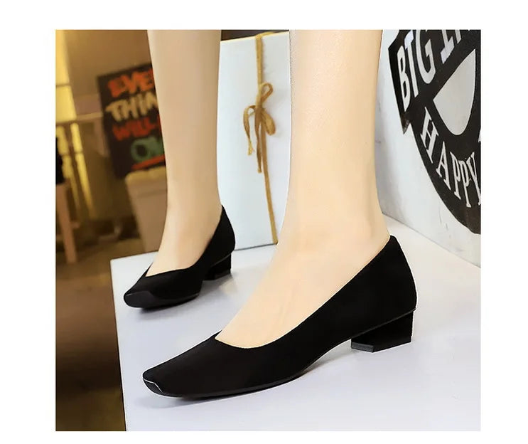 Women Fashion Style Quality Square Toe Low Heel Pumps Lady Prom Suede Shallow Mouth Thick High OL Single Shoes