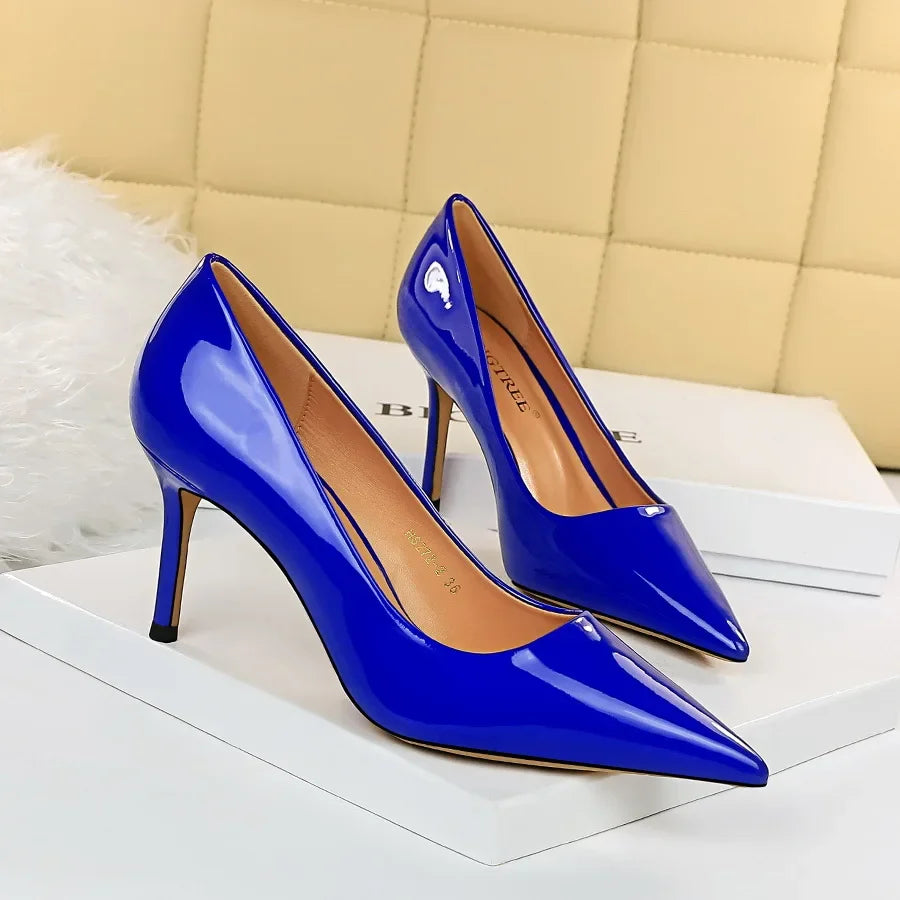 Women High Heels Scar pins Pumps Lady Glossy Leather Fetish Wedding Bridal Mid Low Heels Office Shoes