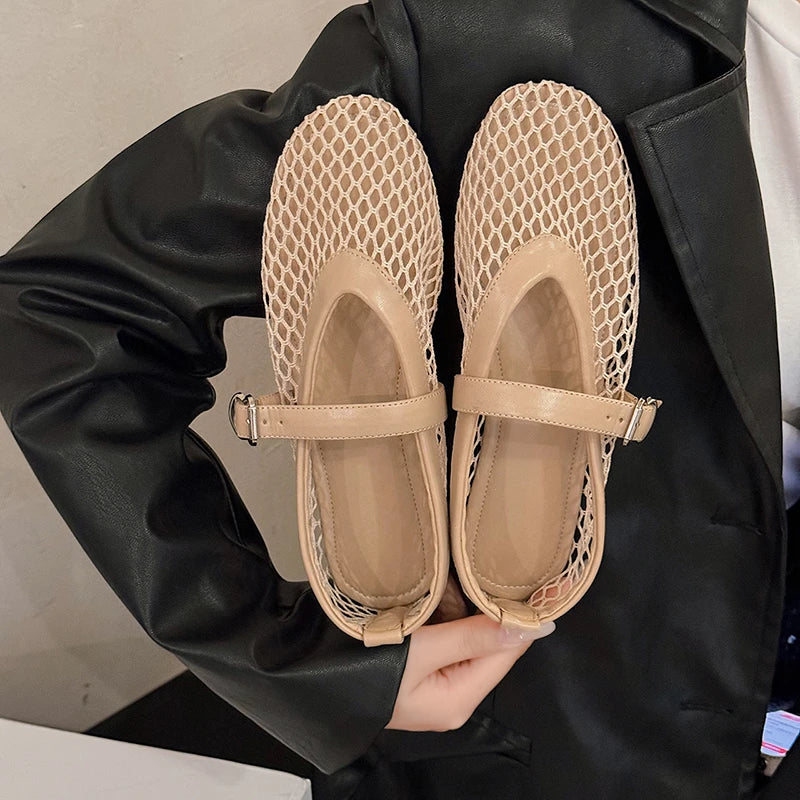 Summer, Wear Round Toe, Straight Buckles, Casual and Comfortable, Women's Flats, Cut-out Mary Jane Single Shoes, fishnet Shoes