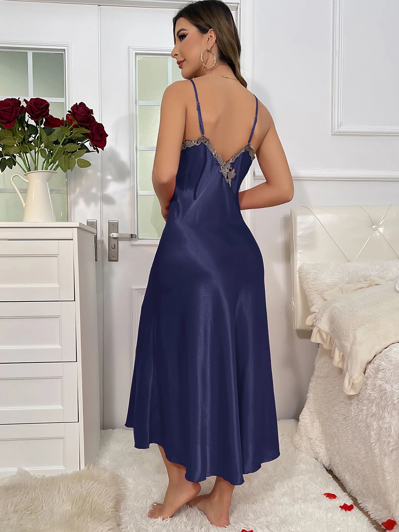 Contrast Lace Long Sleeve Belted Robe V Neck Slip Dress Sexy Elegant Women Pajamas Sets