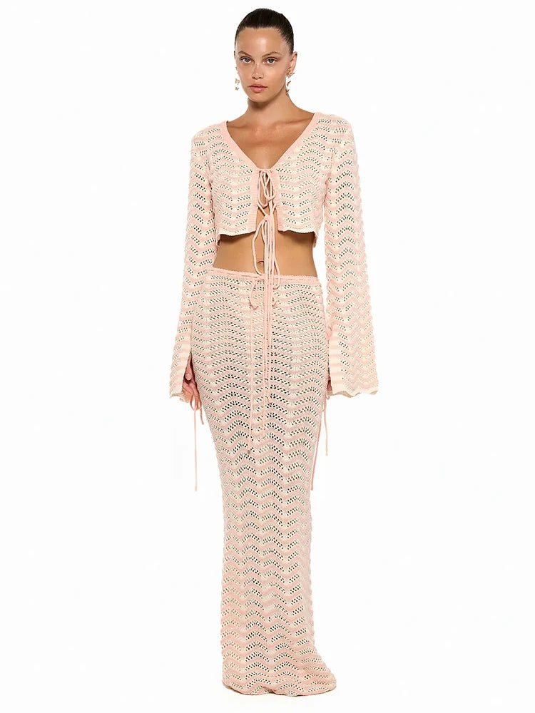 Sexy Knit V-neck Long Sleeve Lace-up Top Beach Half Skirt Two-piece Summer Women's Casual Outfit Swimsuit Cover Up Set