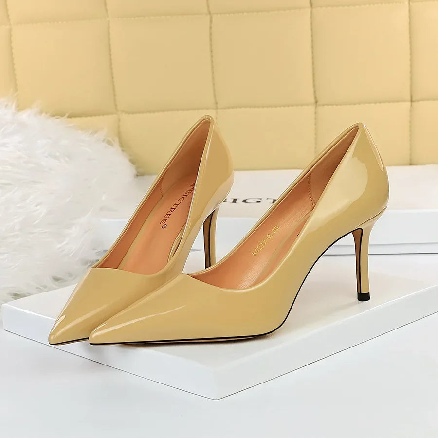 Women High Heels Scar pins Pumps Lady Glossy Leather Fetish Wedding Bridal Mid Low Heels Office Shoes