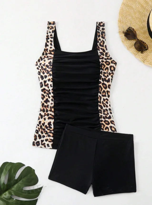 Women's Leopard Print Summer Beach Tankini Swimsuit Set, Consisting of Vest and Boxer Shorts
