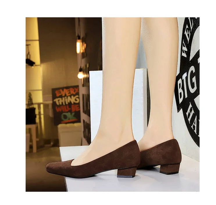 Women Fashion Style Quality Square Toe Low Heel Pumps Lady Prom Suede Shallow Mouth Thick High OL Single Shoes