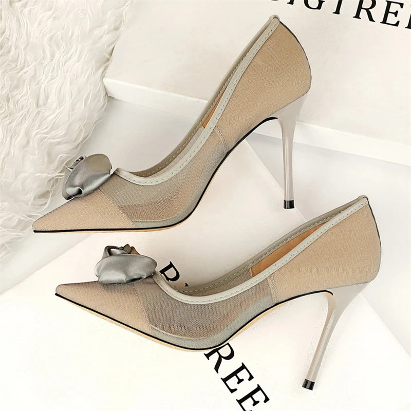 Women's Sexy Nightclub Pole Dancing Show Thin Heels High Mesh Hollowed Out Satin Rose Flower Woman Pumps