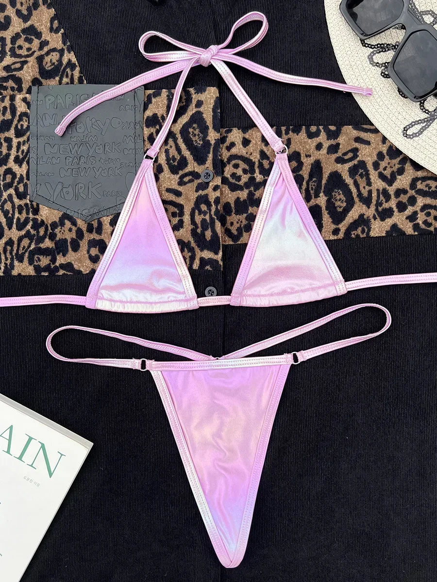 Shiny PU Leather Extreme Mini Micro String Bikini Female Swimsuit Women Swimwear Two-pieces Bikini set Halter Bathing Suit Swim
