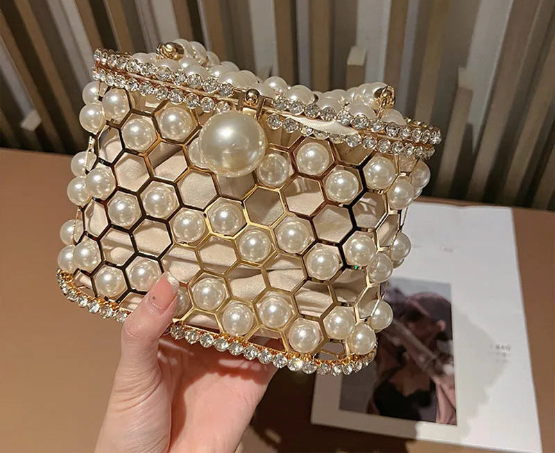 Luxury Pearl Beaded Metal Cage Hollow Out Women Handbag Rhinestones Diamond Evening Bag Wedding Party Clutch Purse Crossbody Bag