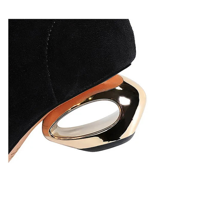 Street Style Fur Metal Hollow Heel Modern Faux Suede Short Boots for Women Metal Pointed Toe Low Heel Boots Female
