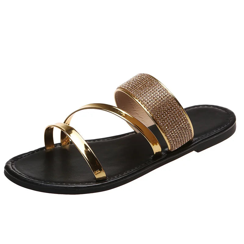 Women's Fashion Patent Leather Flat Heel Sandals Bling Rhinestone Narrow Band Beach Casual Slippers