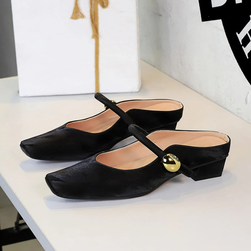 European Style Light-Mouthed Half-Slippers Women Wearing Thick Heels And Square-Toe Mary Jane Shoes One-Strap