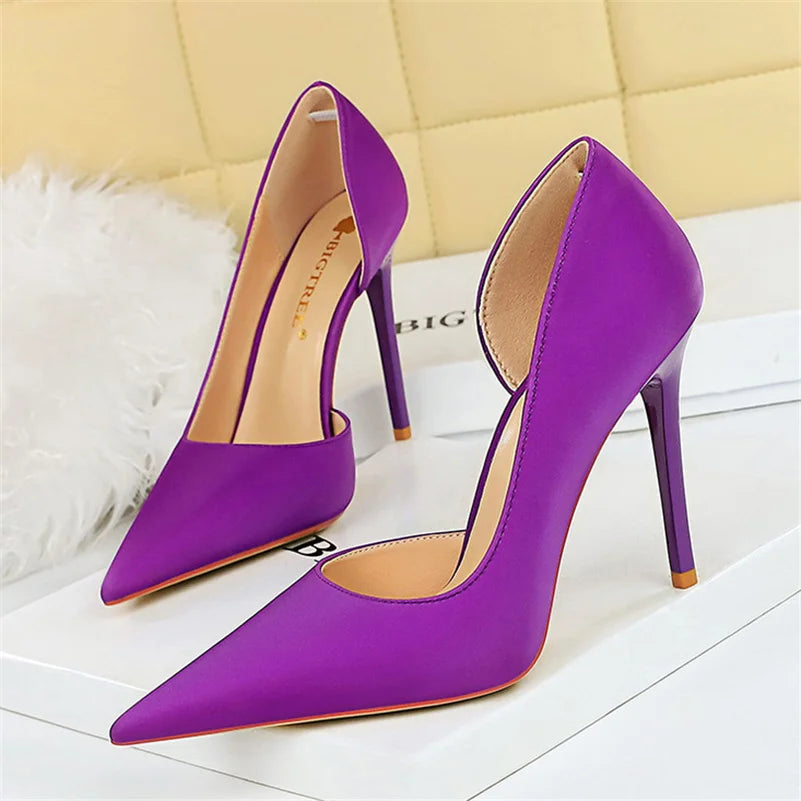 Women High Heels Blue Pumps Lady Wedding Evening Party Purple Peach Heels Silk Satin Nightclub Prom Dress Shoes