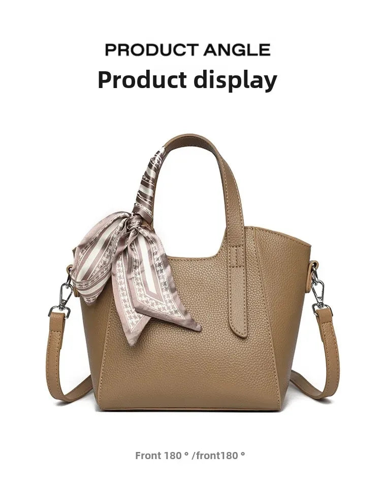 Pure Leather Cowhide Single Shoulder Crossbody Bag Ladies Handbag Fashion Bucket Bag Simple Basket Comes with Scarf