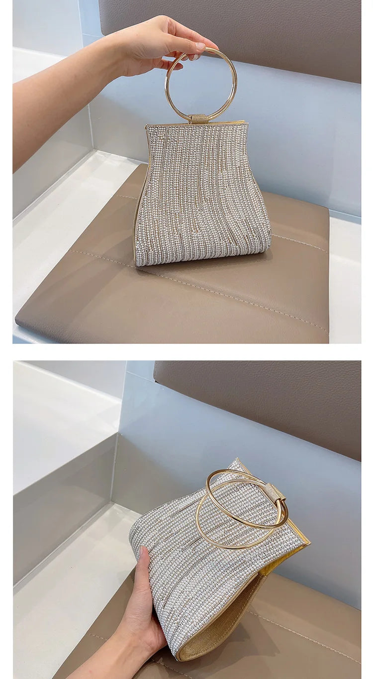 Fashionable Diamond Set Pearl Handbag, Banquet Single Shoulder Water Diamond Circular Cross Women's Handbag