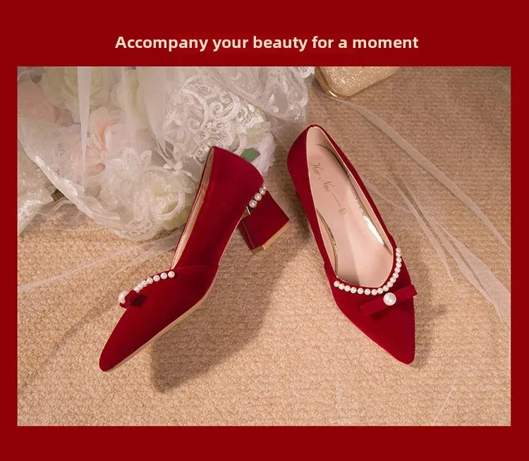 Women's Chunky Heel Pointed Toe Slip-On Shoes Wedding Dress Two-Way Wear Pearl Red Bridal Shoes Spring Autumn New Style