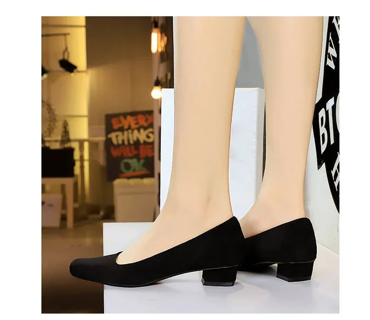 Women Fashion Style Quality Square Toe Low Heel Pumps Lady Prom Suede Shallow Mouth Thick High OL Single Shoes