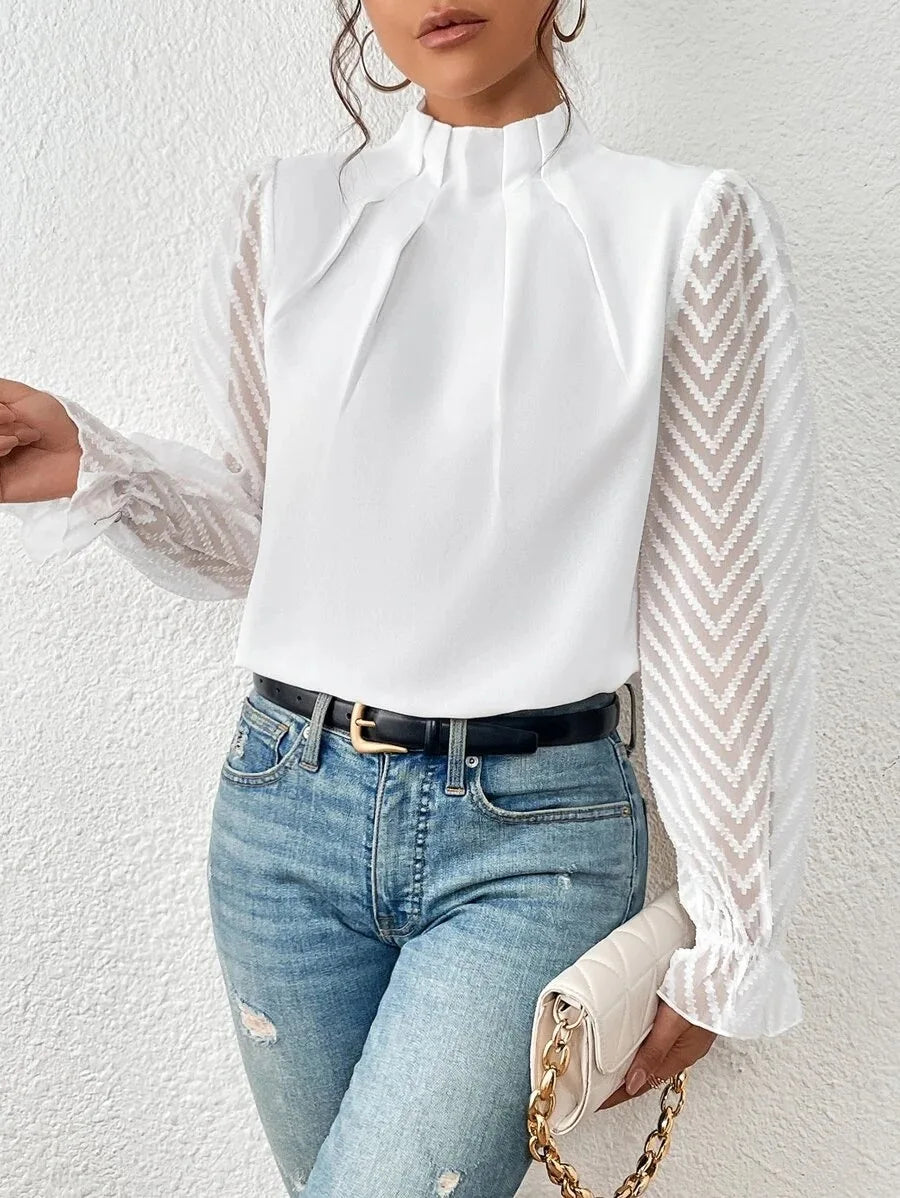 Elegant Blouse White Women's Shirt 2024 New Half High Neck Spliced Wave Pattern Chiffon Long sleeved Top Office Lady Natalia Home Fashion white-1-M Natalia Home Fashion