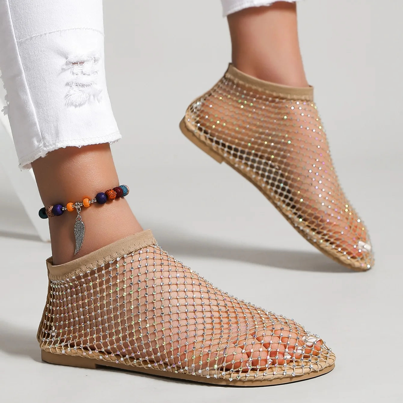 Women's Round Toe Flat Bottom Sandals Hollow Short Boots Water Diamond Sexy Flats Bottom Shoes Luxury Shoes Women