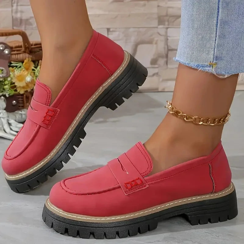 Loafers casual sandblasted British style women's shoes with thick heels and retro single shoes