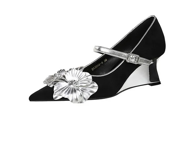 Metal Wedges 6 cm Women Pumps Flower Design High Heels Suede Sexy Party Shoes Buckle Ladies Shoes Women Wedges
