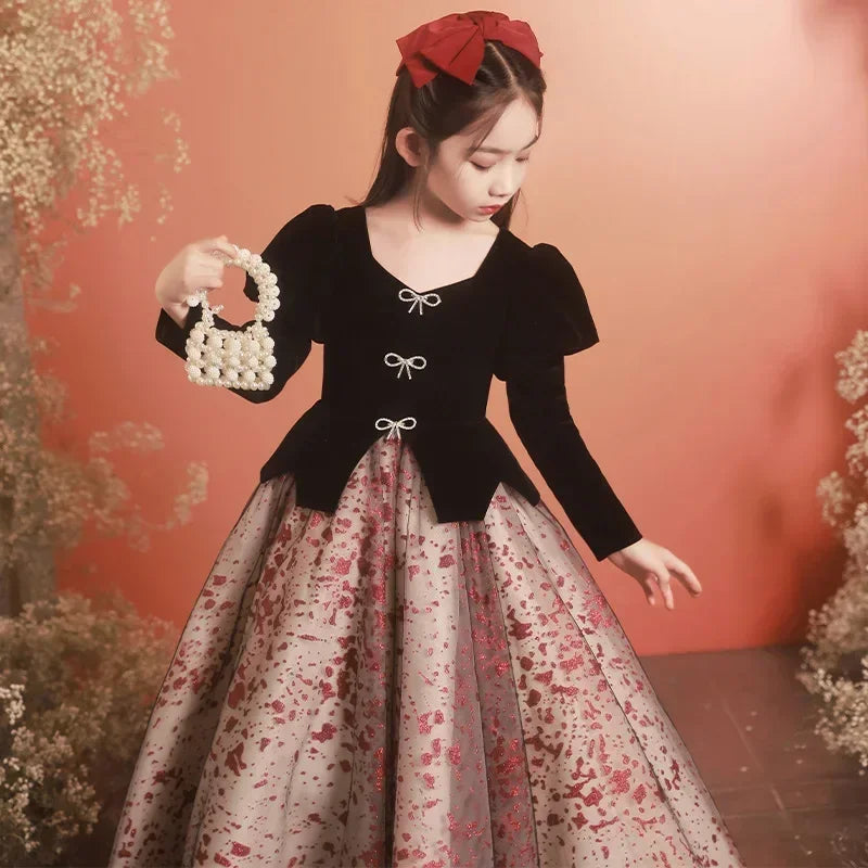 Girls Satin Mesh Tutu long Gown Children French Bubble Sleeve Princess Dress Christmas Prom Dress Birthday New Year Gift 3-15Y Natalia Home Fashion Natalia Home Fashion