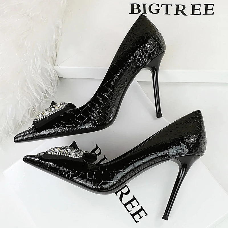 Stilettos Women Pumps Pointed Shoes Lady Heels Bowknot Design Rhinestone High Heels Female Shoes Sexy Party Shoes