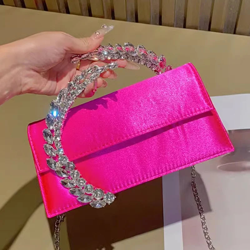 Luxury Diamond studded Banquet Bag Versatile Silk Satin Small Square Bag Luxury Sparkling Diamond Clutch Bag Crossbody Bag