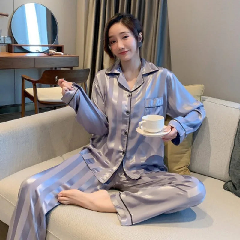 Striped Satin Pajamas Women Jacquard Loungewear Long Sleeve Trousers Two-Piece Set Solid Color Roll-Neck Cardigan Sleepwear