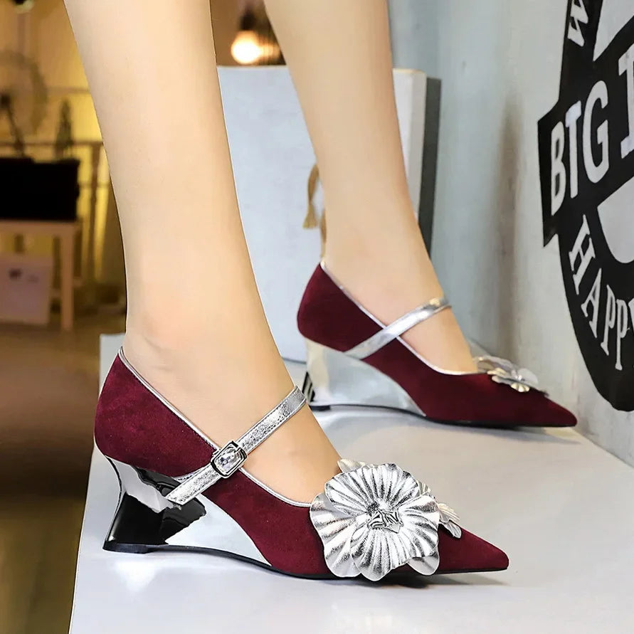 Metal Wedges 6 cm Women Pumps Flower Design High Heels Suede Sexy Party Shoes Buckle Ladies Shoes Women Wedges