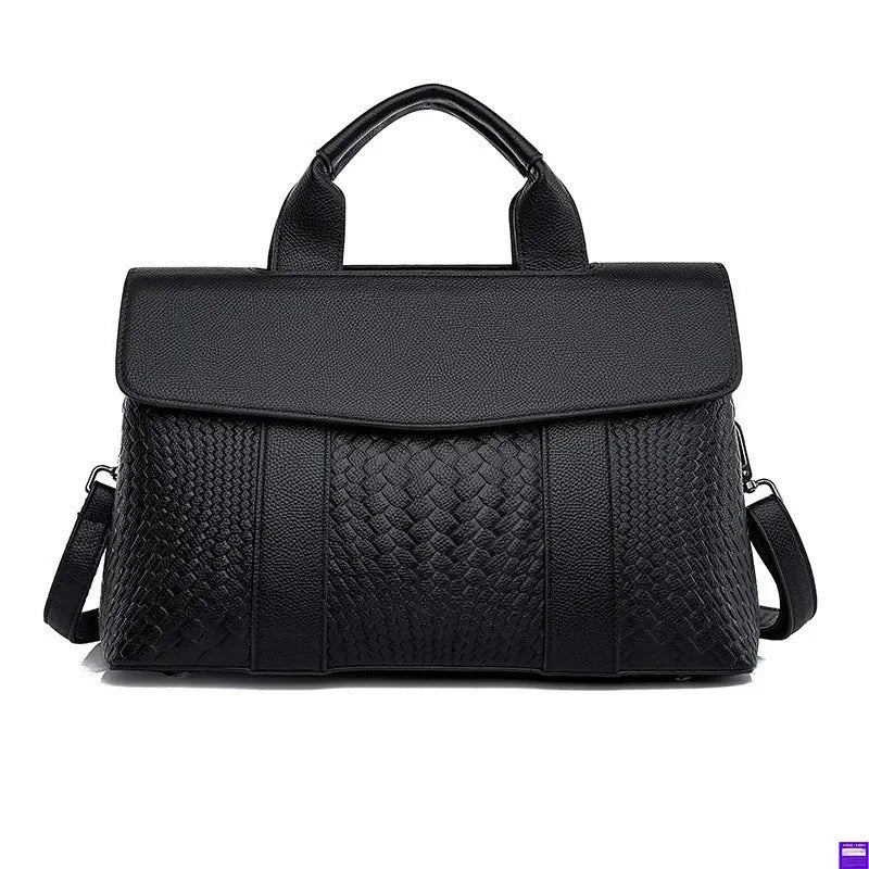 Large Capacity Ladies Handbag Fashion Woven Pattern Shoulder Bag Vintage Style Polyester Lining Soft PU Leather Material Commuter Bag