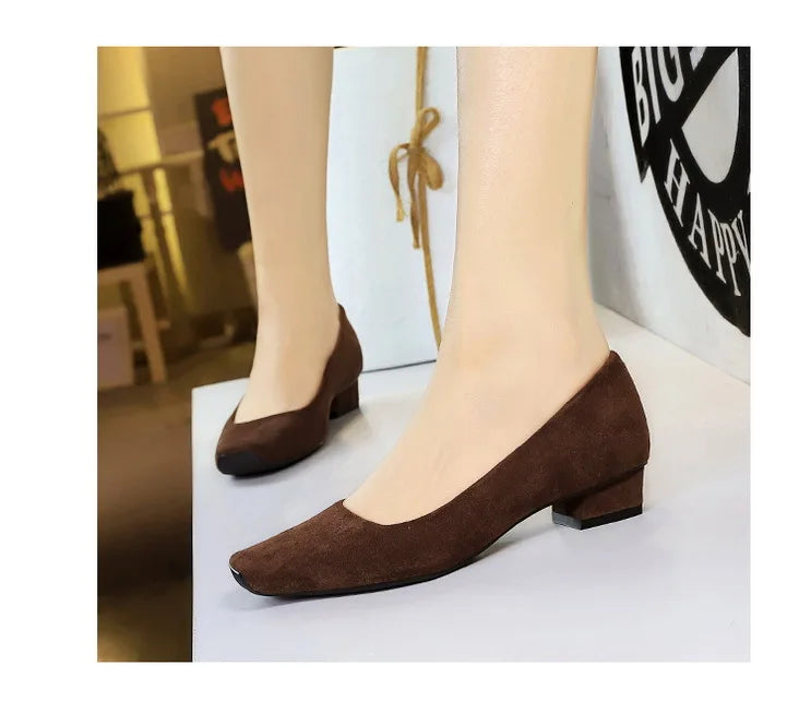 Women Fashion Style Quality Square Toe Low Heel Pumps Lady Prom Suede Shallow Mouth Thick High OL Single Shoes
