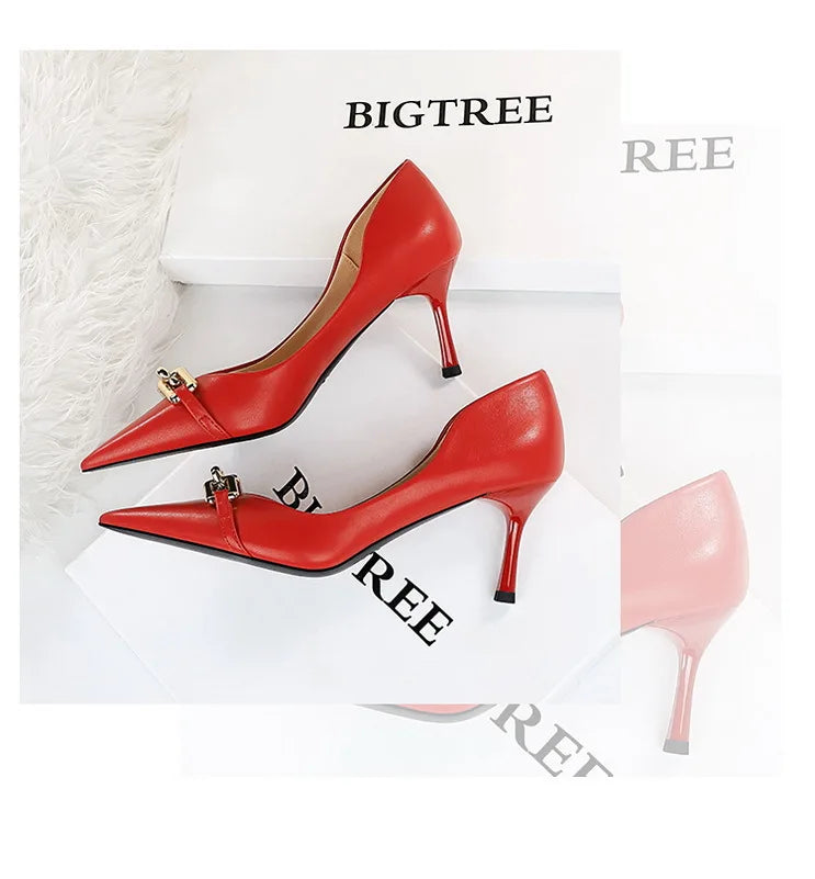 Elegant Women Pumps Metal Button Kitten Heels Women Shoes Stiletto Banquet Shoes Pointed High Heels