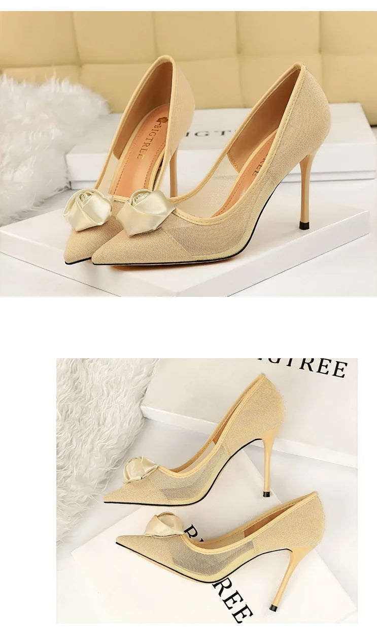 Women's Sexy Nightclub Pole Dancing Show Thin Heels High Mesh Hollowed Out Satin Rose Flower Woman Pumps
