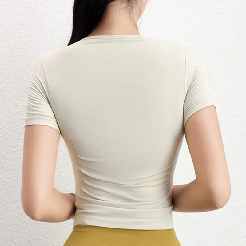 Aiithuug Seamless Slimming Waist Up Yoga Short Sleeve Gym Shirts Stretch Breathable Daily Sports Tennis Golf Tops Fitness Crops Natalia Home Fashion Natalia Home Fashion
