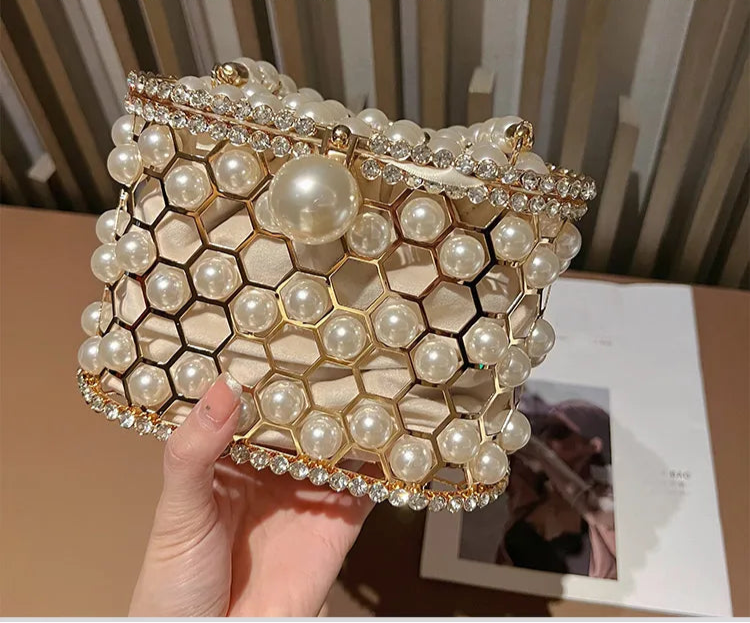 Luxury Pearl Beaded Metal Cage Hollow Out Women Handbag Rhinestones Diamond Evening Bag Wedding Party Clutch Purse Crossbody Bag