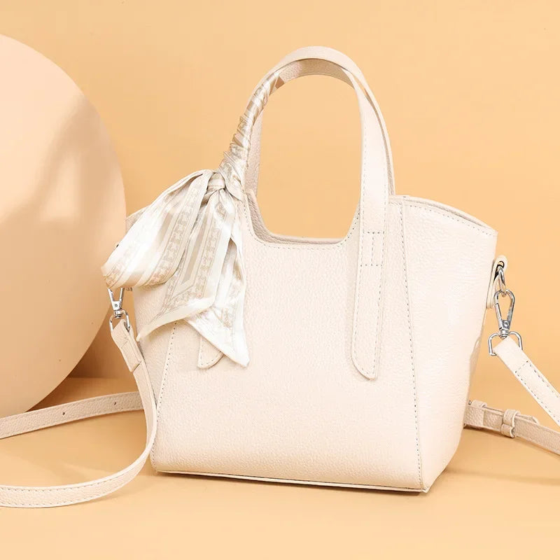 Pure Leather Cowhide Single Shoulder Crossbody Bag Ladies Handbag Fashion Bucket Bag Simple Basket Comes with Scarf