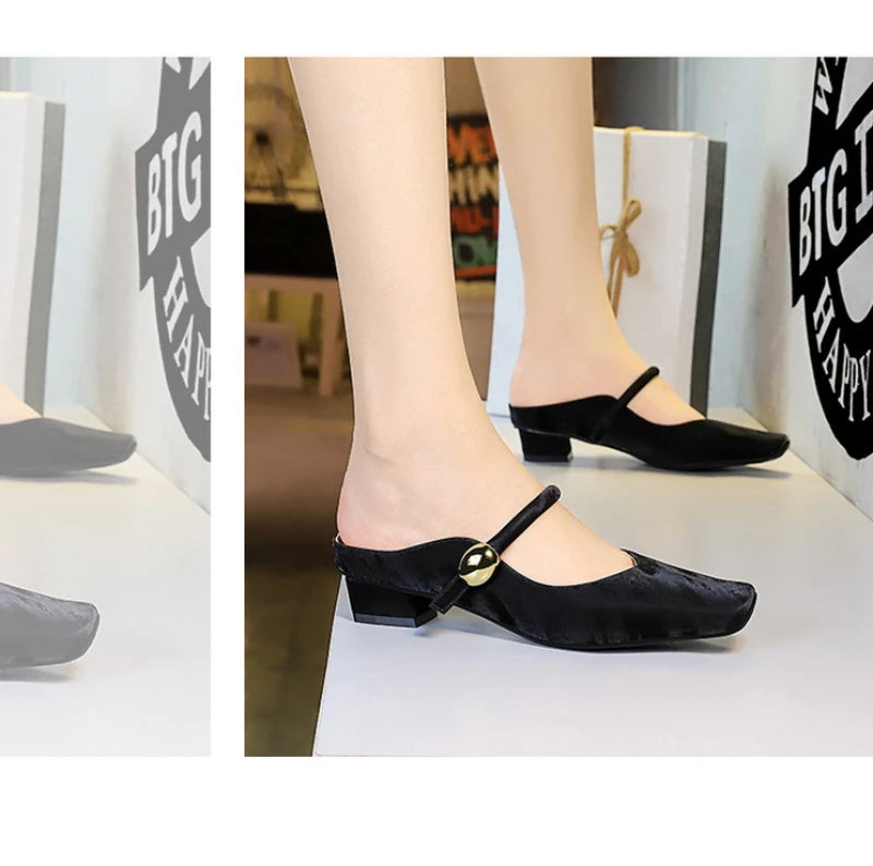 European Style Light-Mouthed Half-Slippers Women Wearing Thick Heels And Square-Toe Mary Jane Shoes One-Strap
