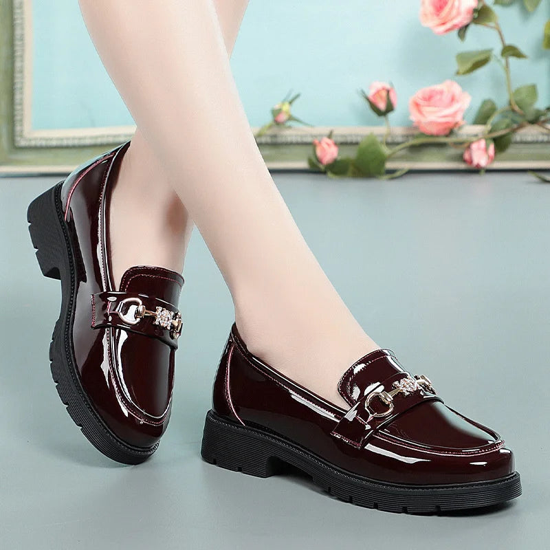 Women's Mary Jane Platform Shoes Round Head Spring New Metal Chain Casual Soft Patent Leather Slip on Loafers