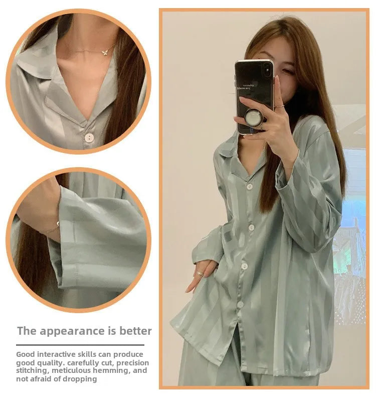 Striped Satin Pajamas Women Jacquard Loungewear Long Sleeve Trousers Two-Piece Set Solid Color Roll-Neck Cardigan Sleepwear
