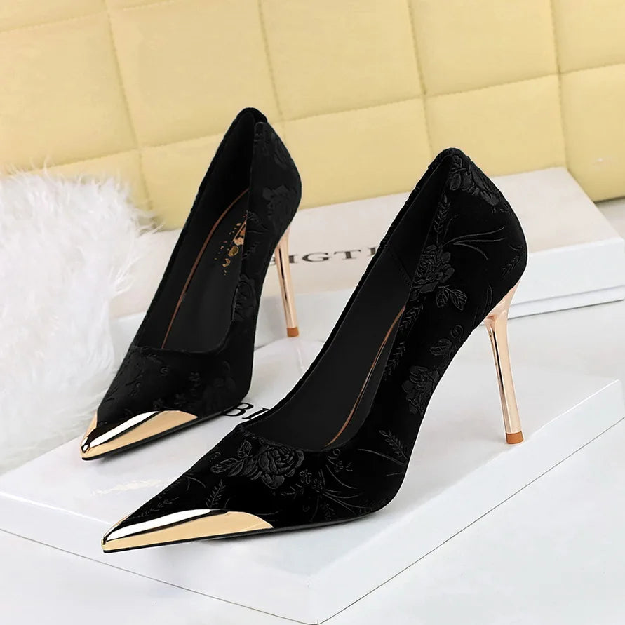Women Vintage Velvet Evening Banquet Dress Pumps Lady 9cm 4cm High Heels Temperament Pointed Toe Royal Blue green Shoes