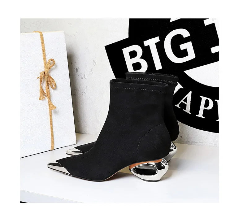 Street Style Fur Metal Hollow Heel Modern Faux Suede Short Boots for Women Metal Pointed Toe Low Heel Boots Female