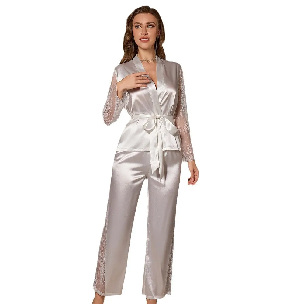 Sexy Lace Patchwork 2PCS Pajamas Set Loungewear Spring New Long Sleeve Trouser Pajamas Suit Loose Silky Home Clothes Lingerie