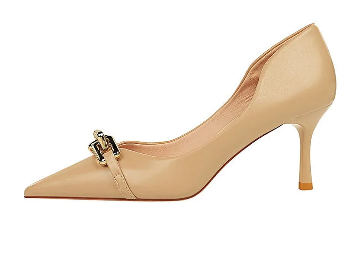 Elegant Women Pumps Metal Button Kitten Heels Women Shoes Stiletto Banquet Shoes Pointed High Heels